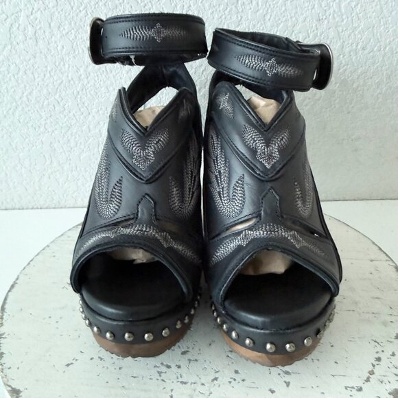 Lane Lexington Jet Black Leather Western Wedges Sandals Wood Heel Womens 8 - Picture 5 of 9